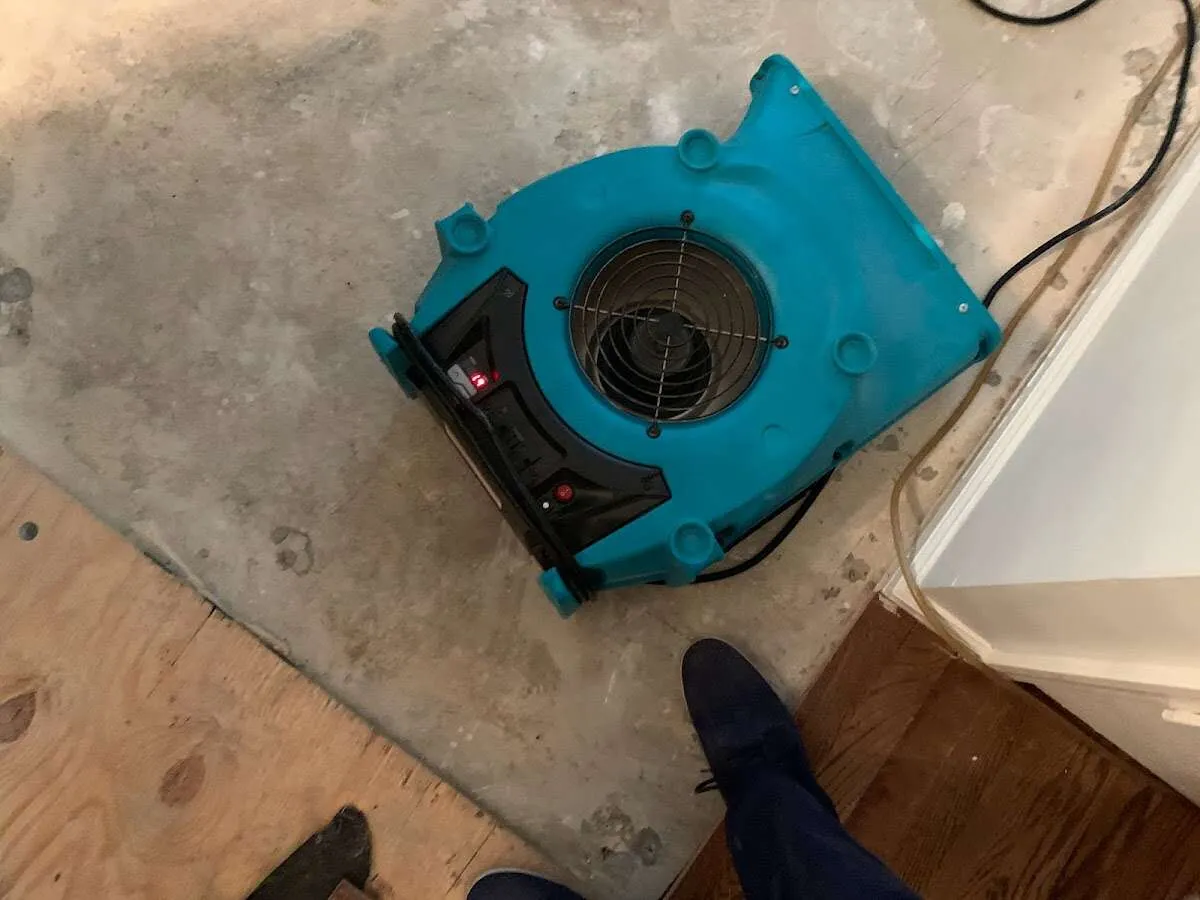Air mover drying subfloor during Leak Detection & Repair in St. Augustine Beach